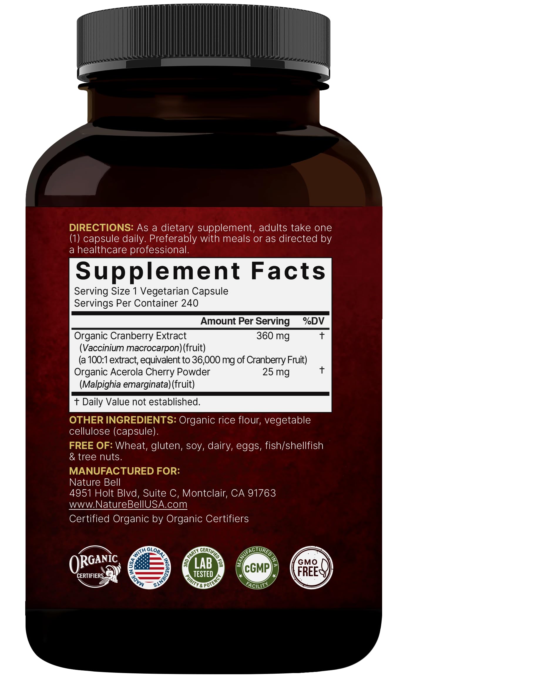 Third-party lab testing seal on NatureBell cranberry pills