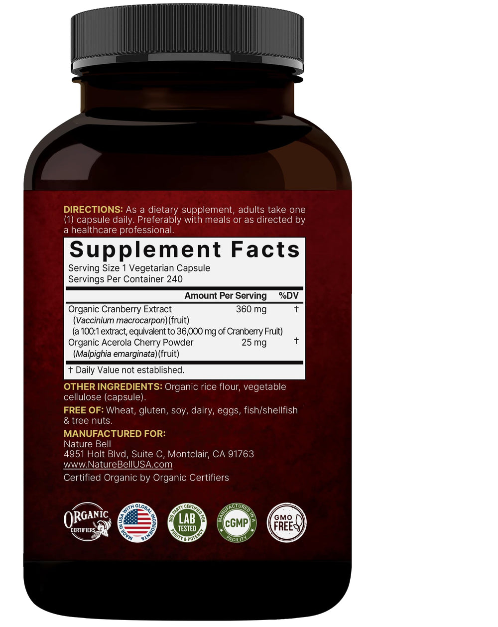 Third-party lab testing seal on NatureBell cranberry pills