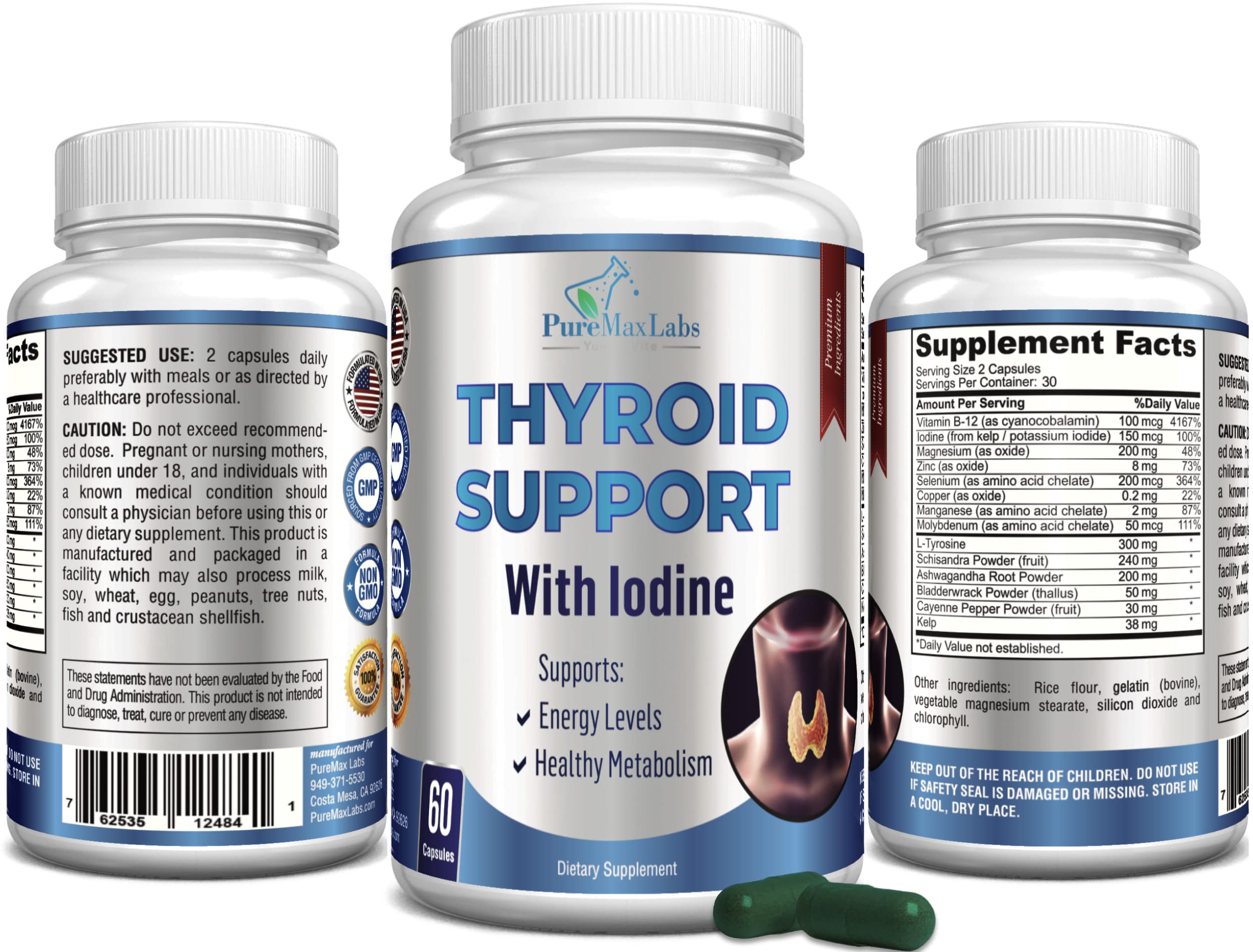 Non-GMO thyroid supplement bottle with 60 capsules