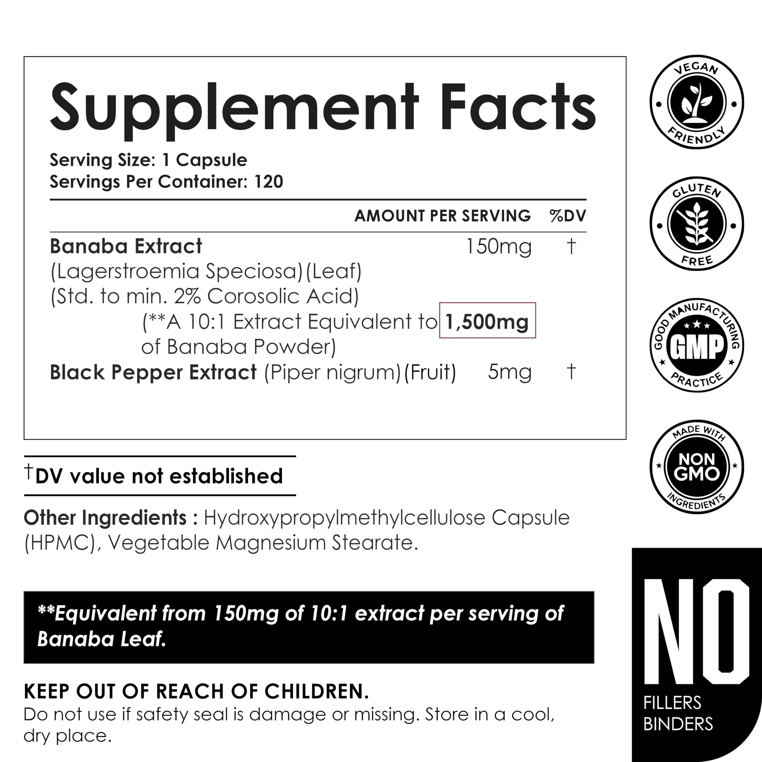 Non-GMO and vegan Banaba leaf capsules illustration