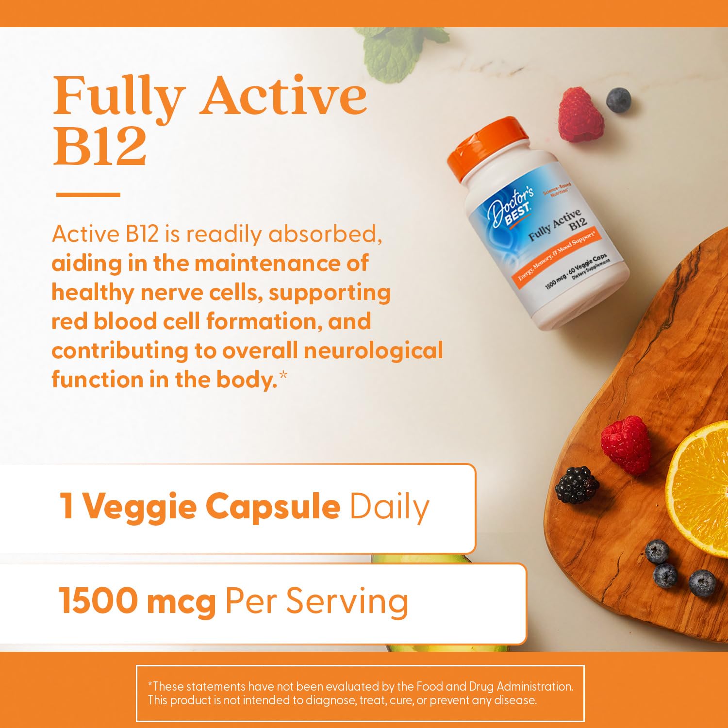 Non-GMO, vegan and gluten-free icons for B12 supplement