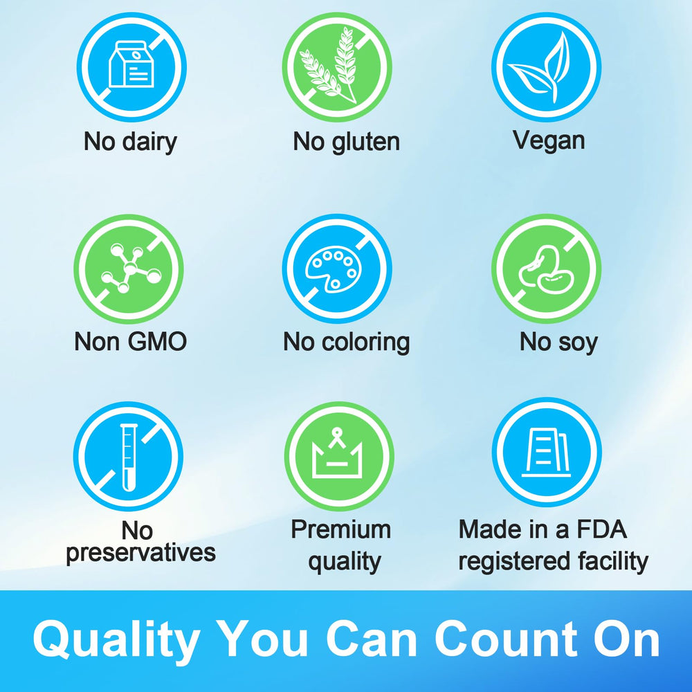 Non-GMO, vegan, gluten-free, gelatin-free icons