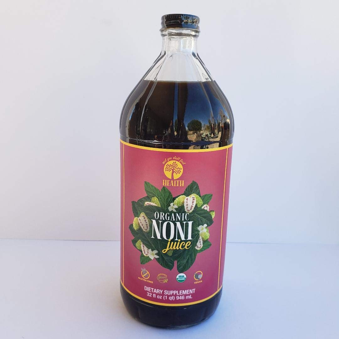 Organic Noni juice in 32oz glass bottle, front view
