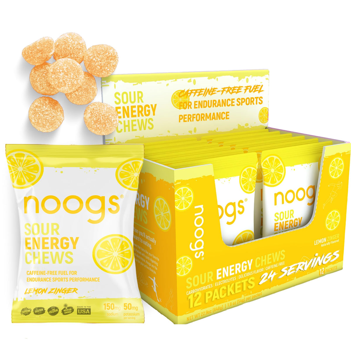 Noogs Sour Energy Chews Lemon Zinger front view for easy grab-and-go energy.