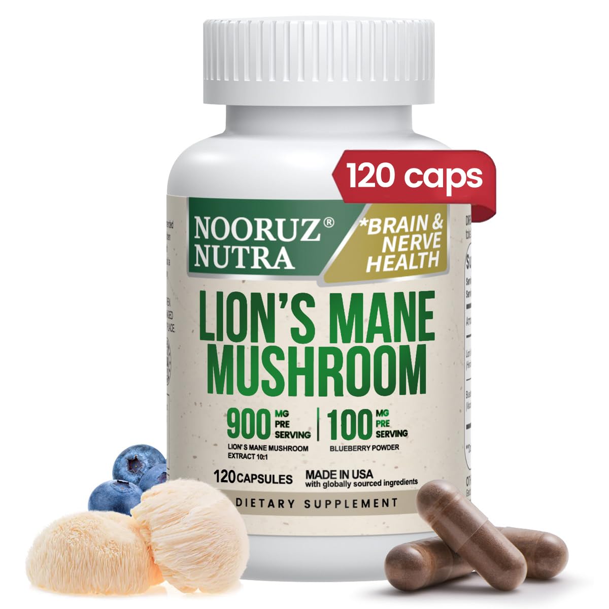 NOORUZ Organic Lion's Mane capsule product image with 120 vegan capsules