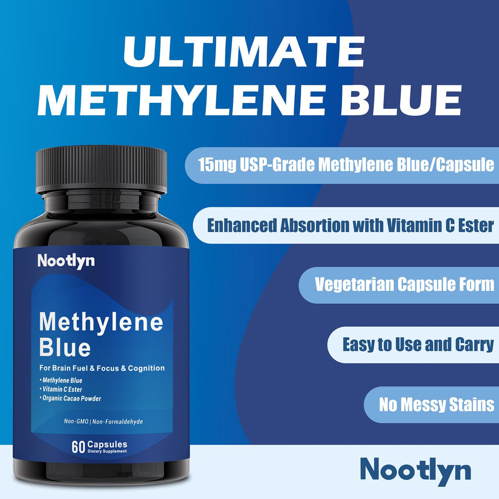 Close-up of blue delayed-release Methylene Blue capsules