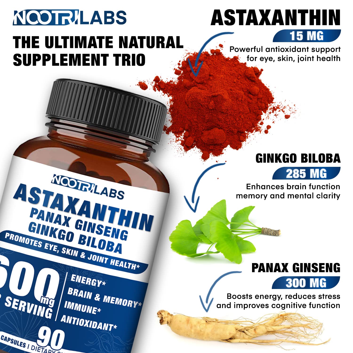 Close-up of bottle label highlighting Astaxanthin 15mg and the Panax Ginseng & Ginkgo Biloba blend
