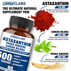 Close-up of bottle label highlighting Astaxanthin 15mg and the Panax Ginseng & Ginkgo Biloba blend