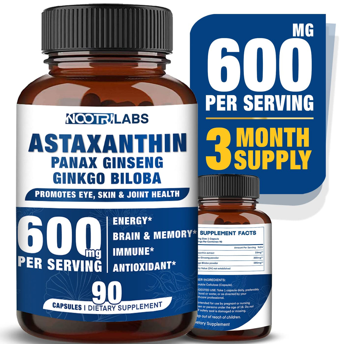 Nootrilabs Naturals Astaxanthin Panax Ginseng Ginkgo Biloba bottle – 90 vegan capsules