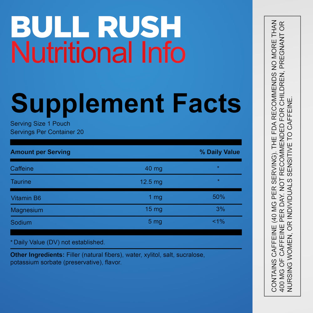 Nootro Bull Rush can back highlights caffeine and ingredients information