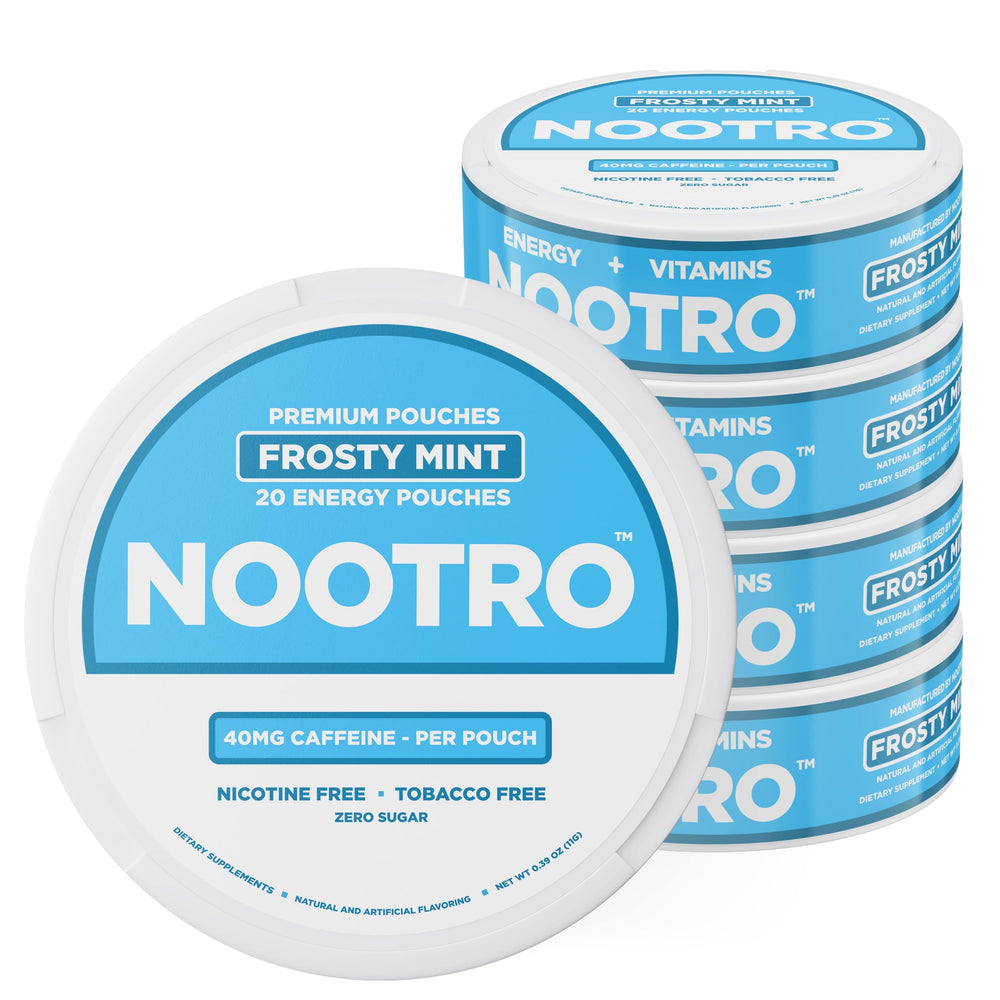 Nootro Frosty Mint energy pouch close-up showing refreshing flavor and discreet use.
