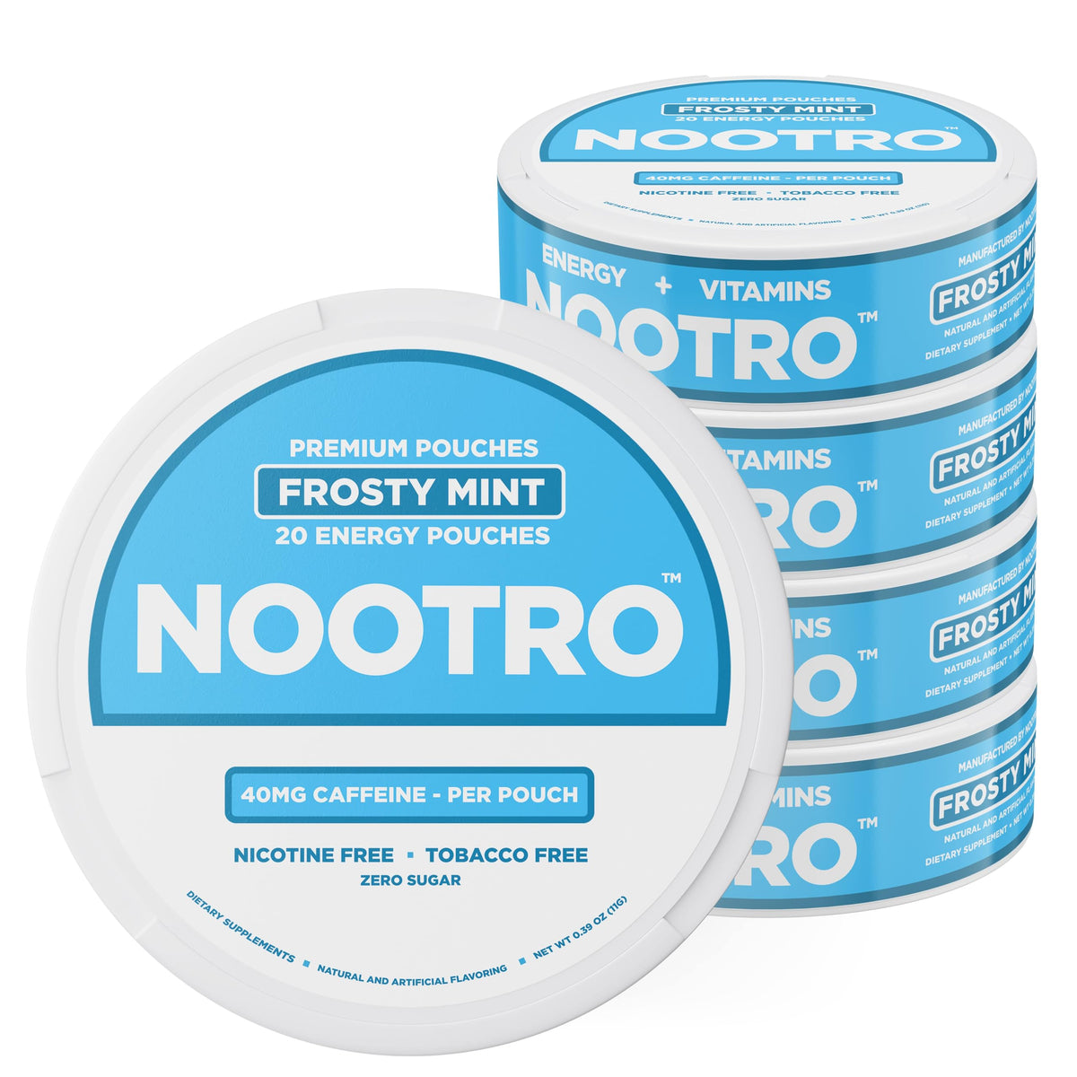 Nootro Frosty Mint energy pouch close-up showing refreshing flavor and discreet use.