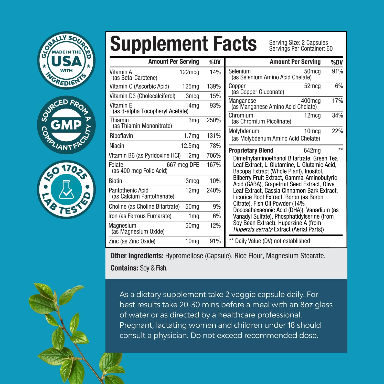 Close-up of memory and focus supplement bottle