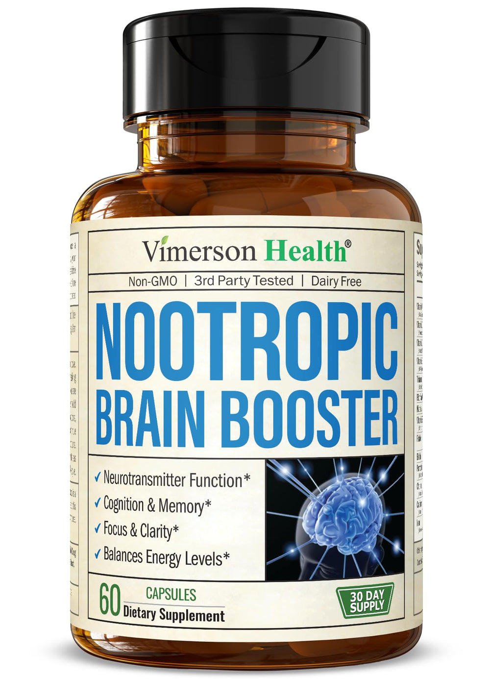 Nootropics brain support supplement bottle