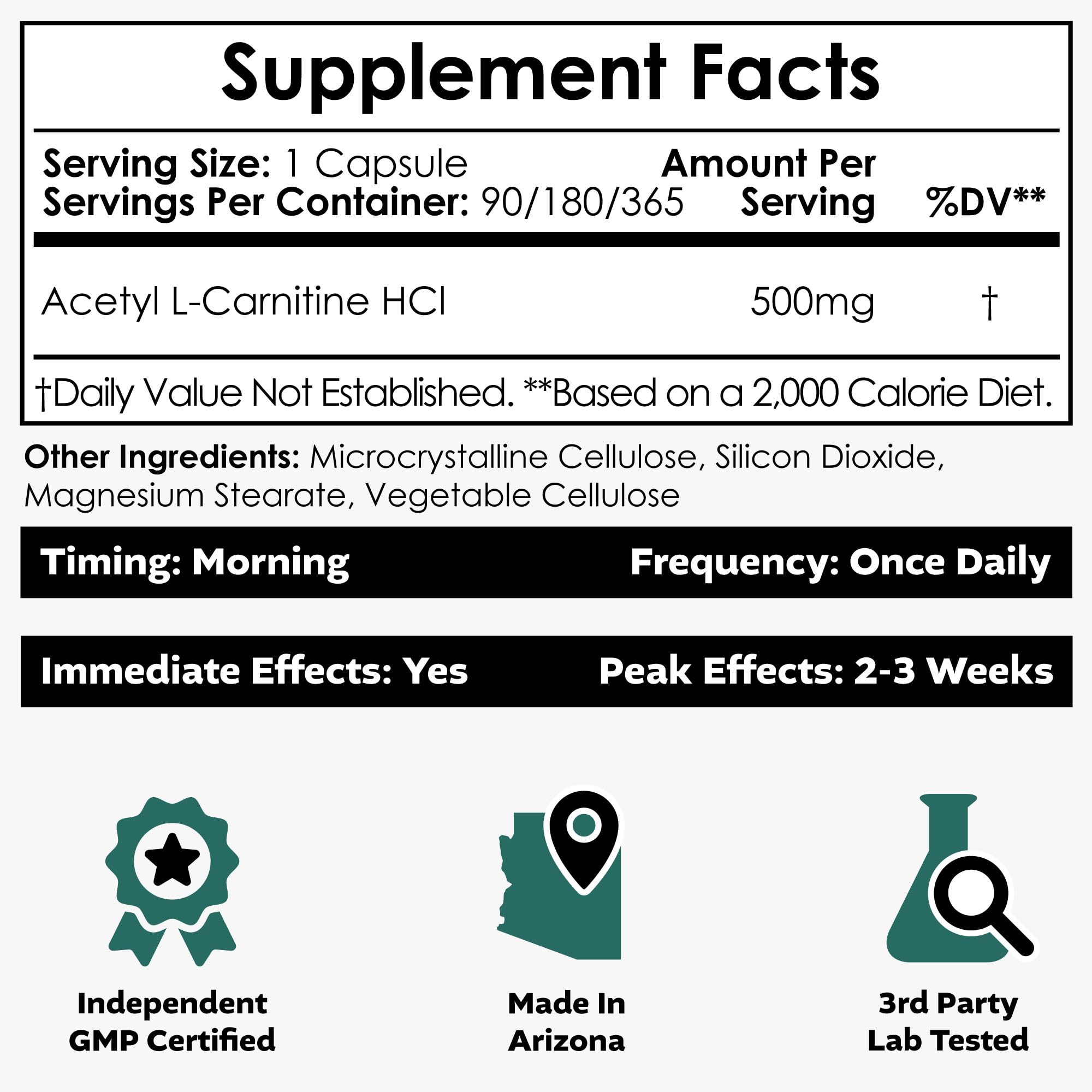 Jar label showing Acetyl L-Carnitine 500mg - Non-GMO, vegan
