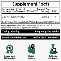 Jar label showing Acetyl L-Carnitine 500mg - Non-GMO, vegan
