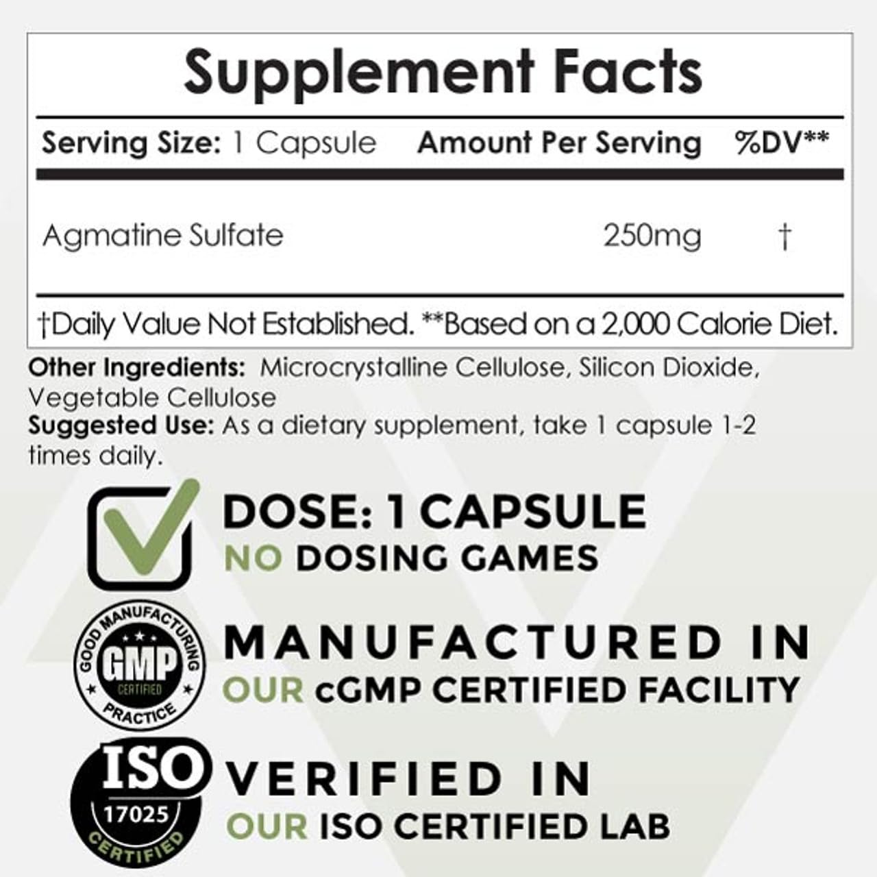 Nootropics Depot agmatine sulfate capsules bottle side view highlighting 240-count supply for sustained energy.