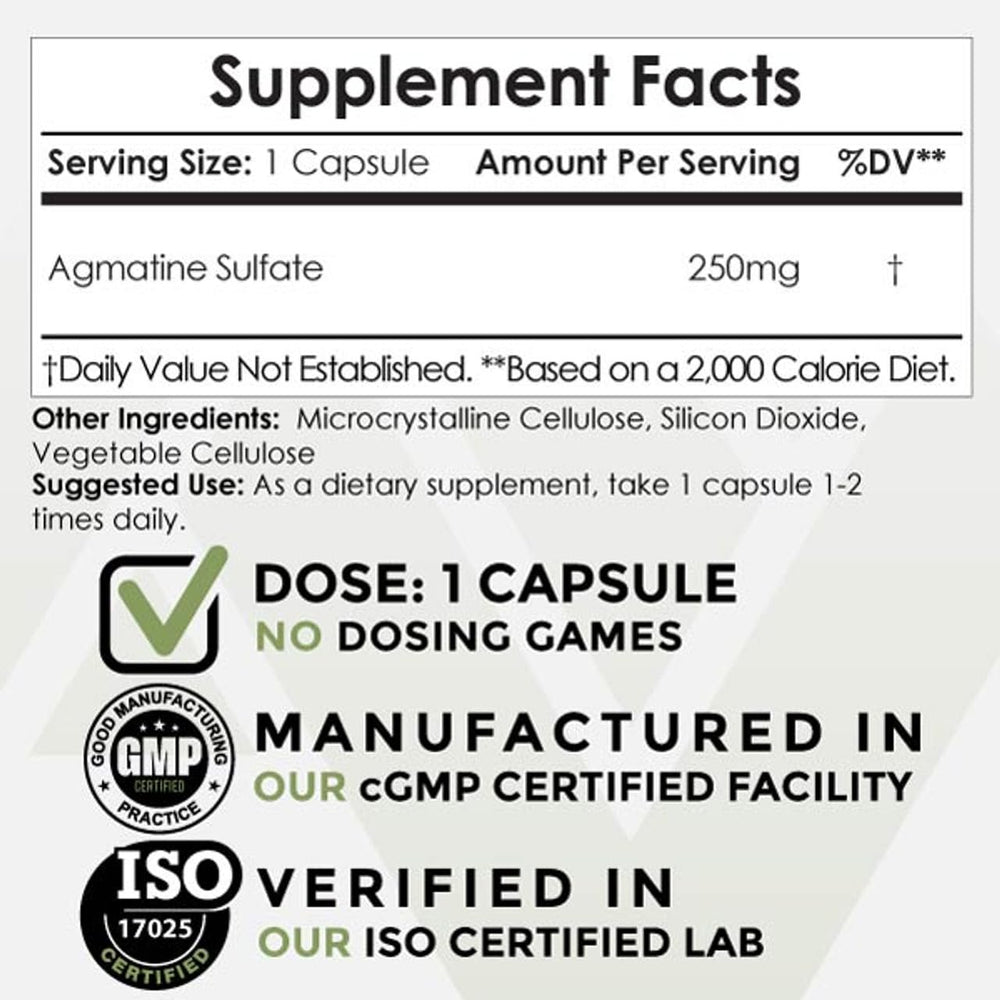 Nootropics Depot agmatine sulfate capsules bottle side view highlighting 240-count supply for sustained energy.