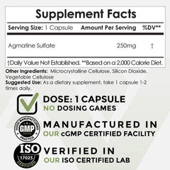 Nootropics Depot agmatine sulfate capsules bottle side view highlighting 240-count supply for sustained energy.