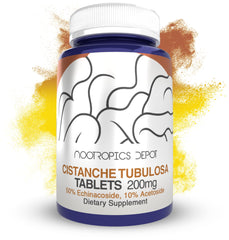 Nootropics Depot Cistanche Tubulosa tablets packaging highlights label and dosage for quick reference.
