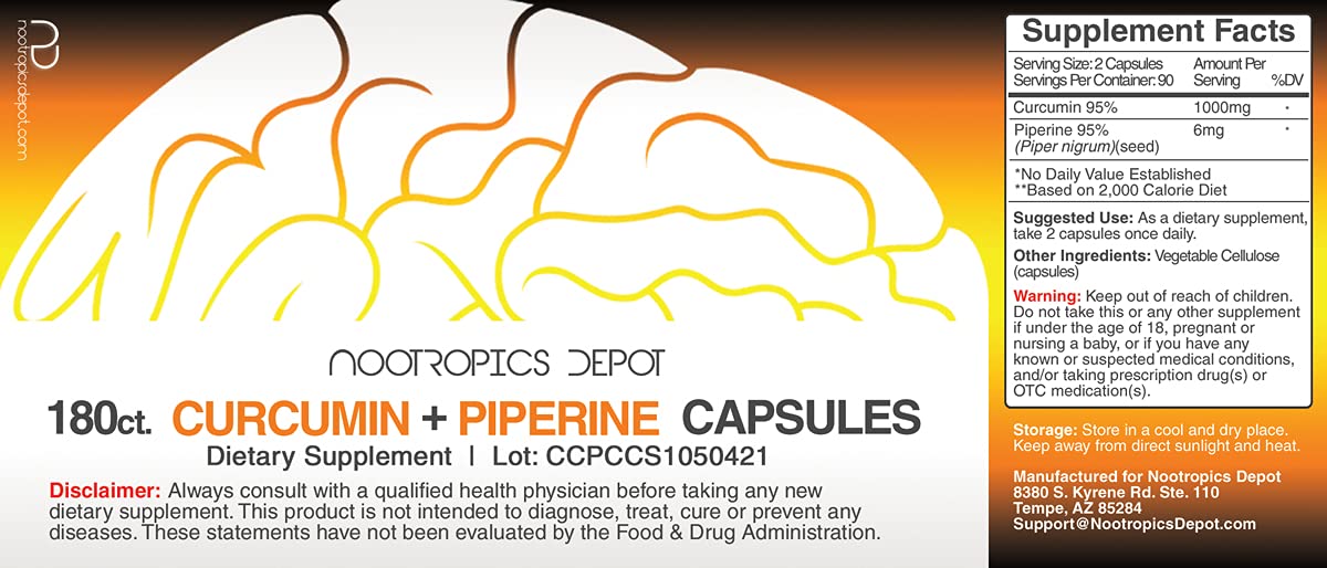 Close-up of Curcumin 1000mg + Piperine 6mg label on bottle