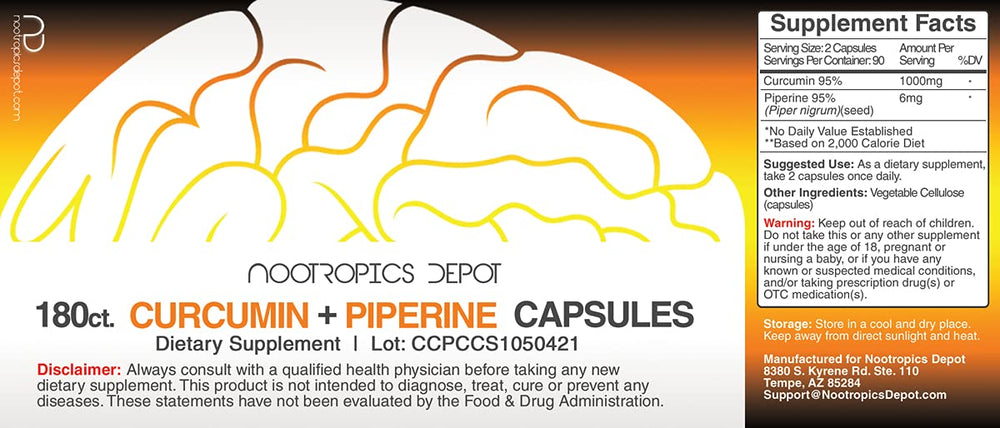 Close-up of Curcumin 1000mg + Piperine 6mg label on bottle