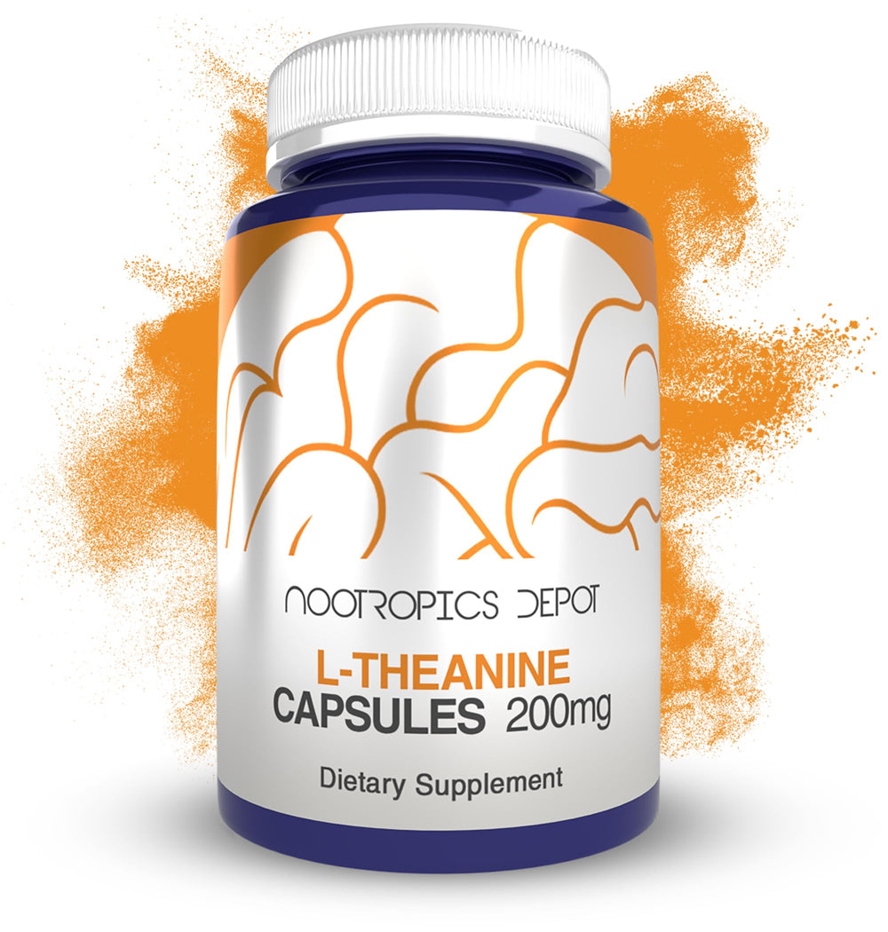 Front view of the Nootropics Depot L-Theanine 200 mg capsules jar (180 count)