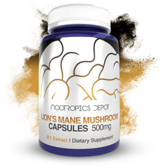 Front view of Nootropics Depot Lions Mane Mushroom Capsules bottle