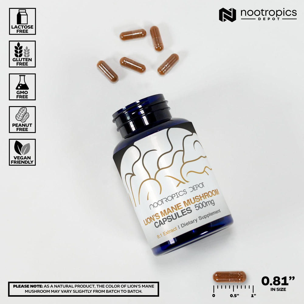 Bottle with capsules displayed for Lions Mane supplement