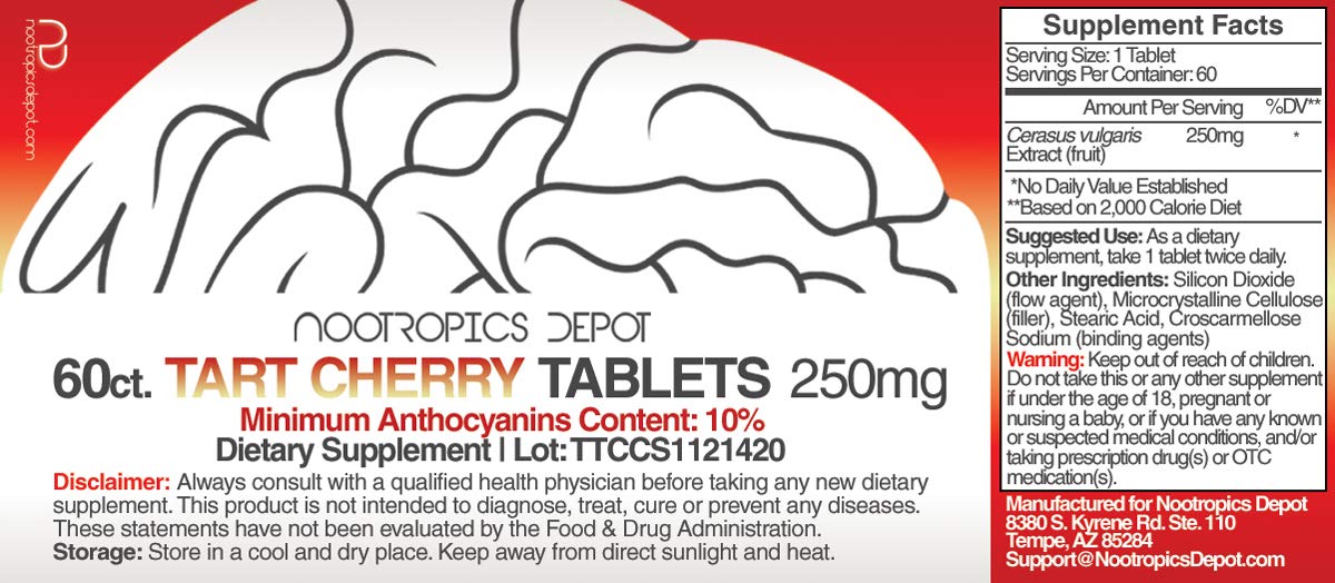 Label showing Tart Cherry Extract with 10% anthocyanins