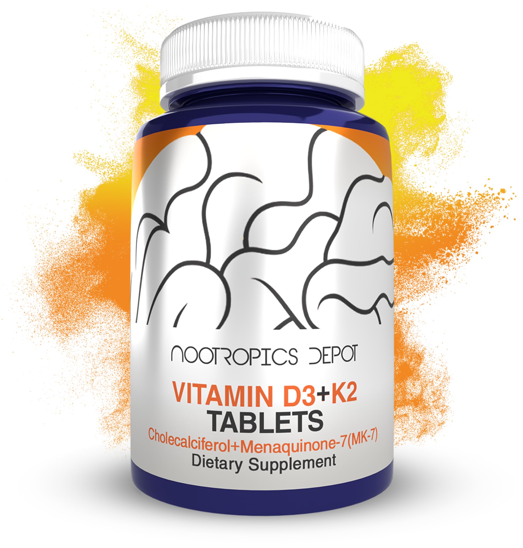 Bottle label: Nootropics Depot Vitamin D3 + K2 with Vitamin C Tablets (365 Count)