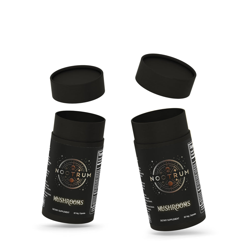 Nootrum Mushrooms capsules on a wooden surface