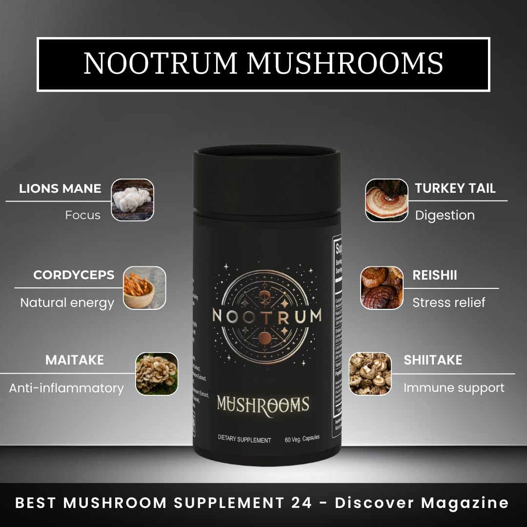 Hero shot of Nootrum Mushrooms capsules and bottle
