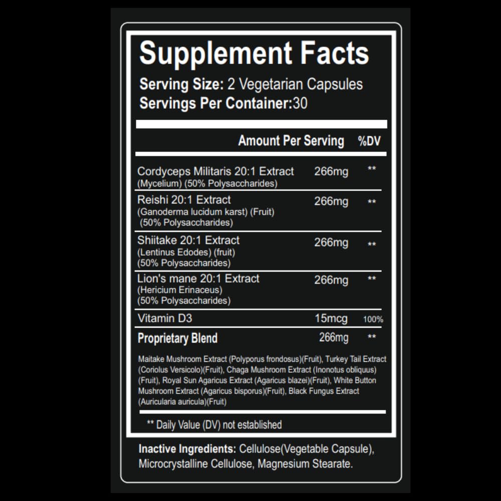 Ingredient panel showing mushroom extracts