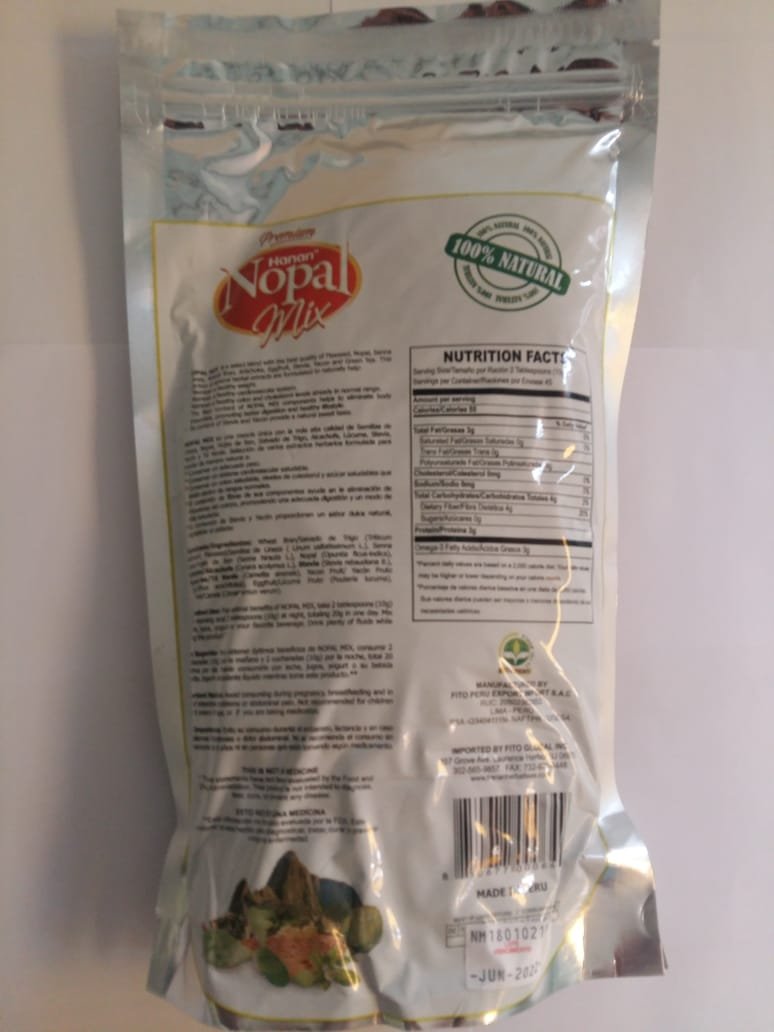 NOPAL MIX Linaza Plus Adelgazante ingredients: flaxseed, nopal, senna leaves, wheat bran, artichoke, lucuma, stevia, yacon, green tea