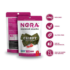 NORA crispy spicy seaweed snack pack side view for travel-friendly snacking