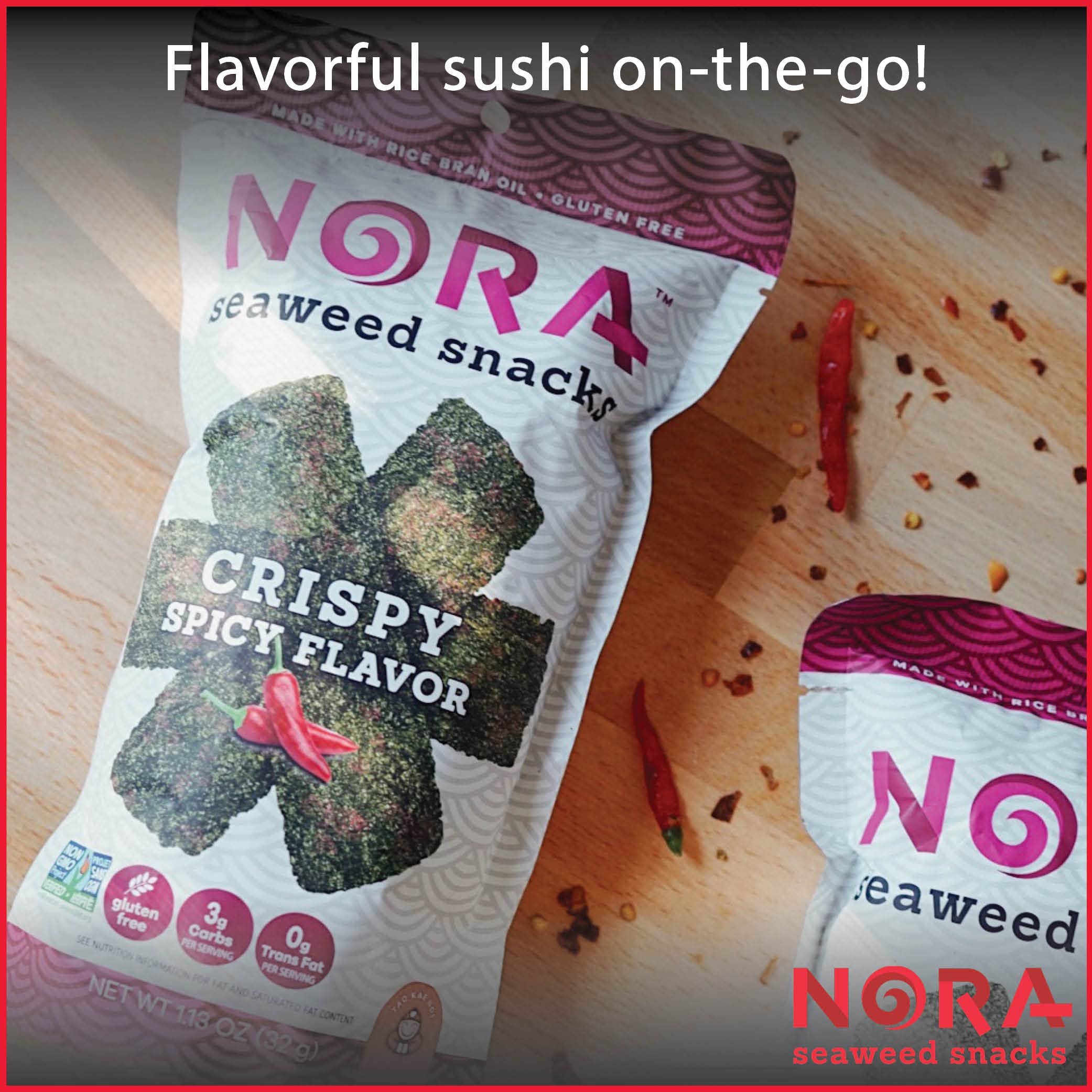 NORA seaweed snack on-the-go packaging emphasizing convenience