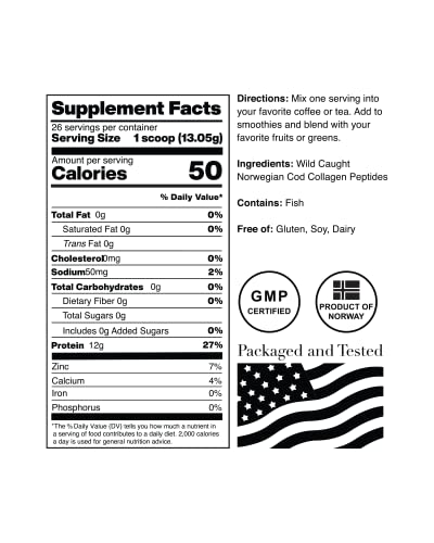 Back nutrition facts panel of Norcal Marine Collagen 12oz tub