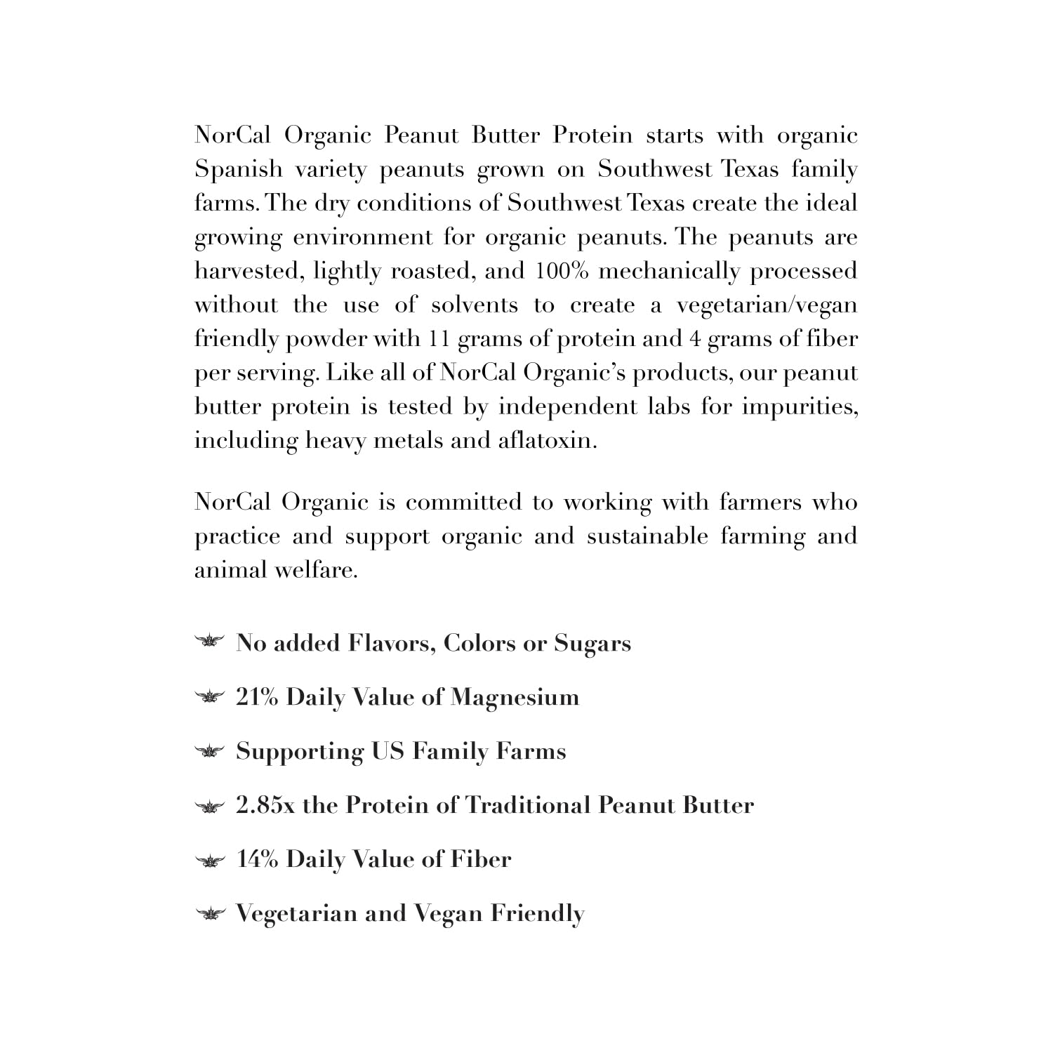 Ingredients panel of NorCal Organic Peanut Butter Protein Powder highlights organic peanuts.