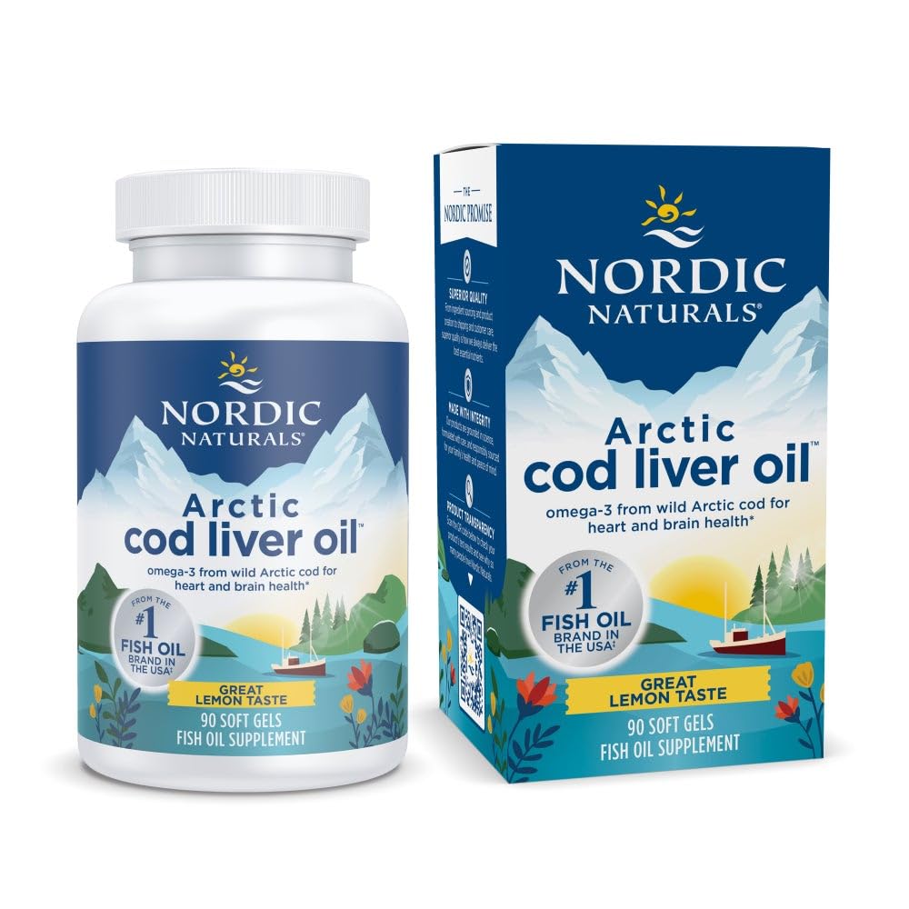 Nordic Naturals Arctic Cod Liver Oil Lemon 90-soft-gel bottle on white background