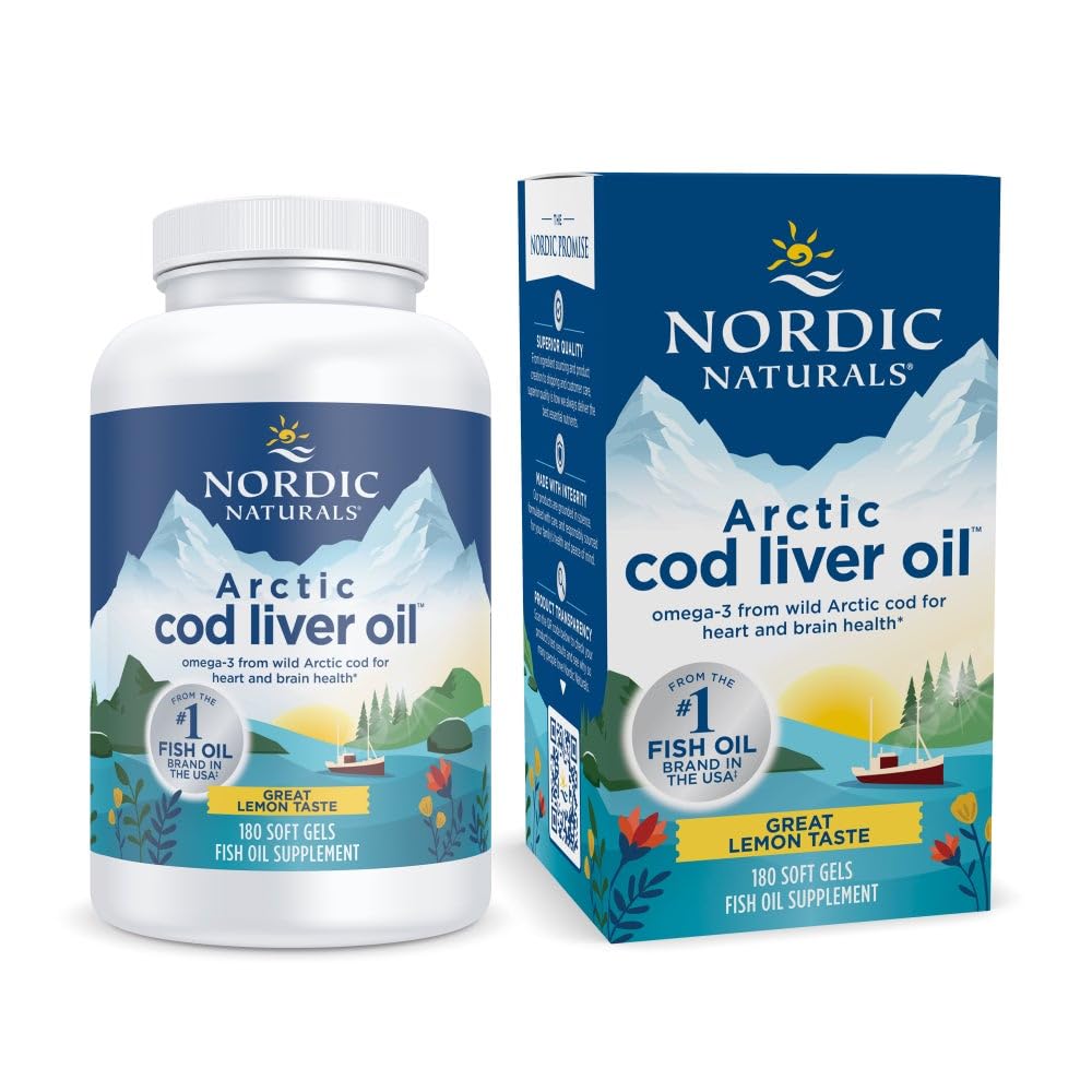 Front view of Nordic Naturals Arctic Cod Liver Oil Lemon bottle, 180 soft gels
