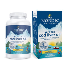 Front view of Nordic Naturals Arctic Cod Liver Oil Lemon bottle, 180 soft gels