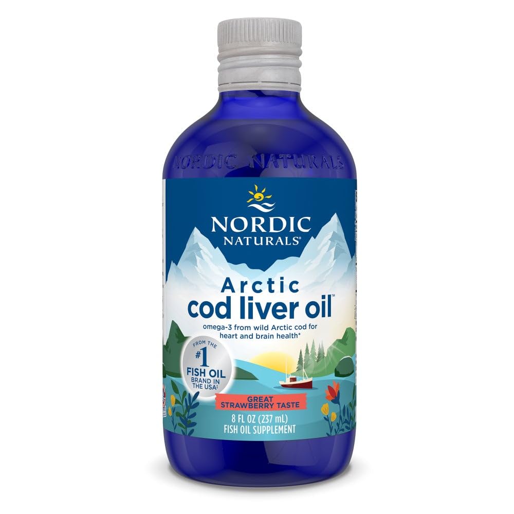 Front view of Nordic Naturals Arctic Cod Liver Oil Strawberry 8 oz bottle