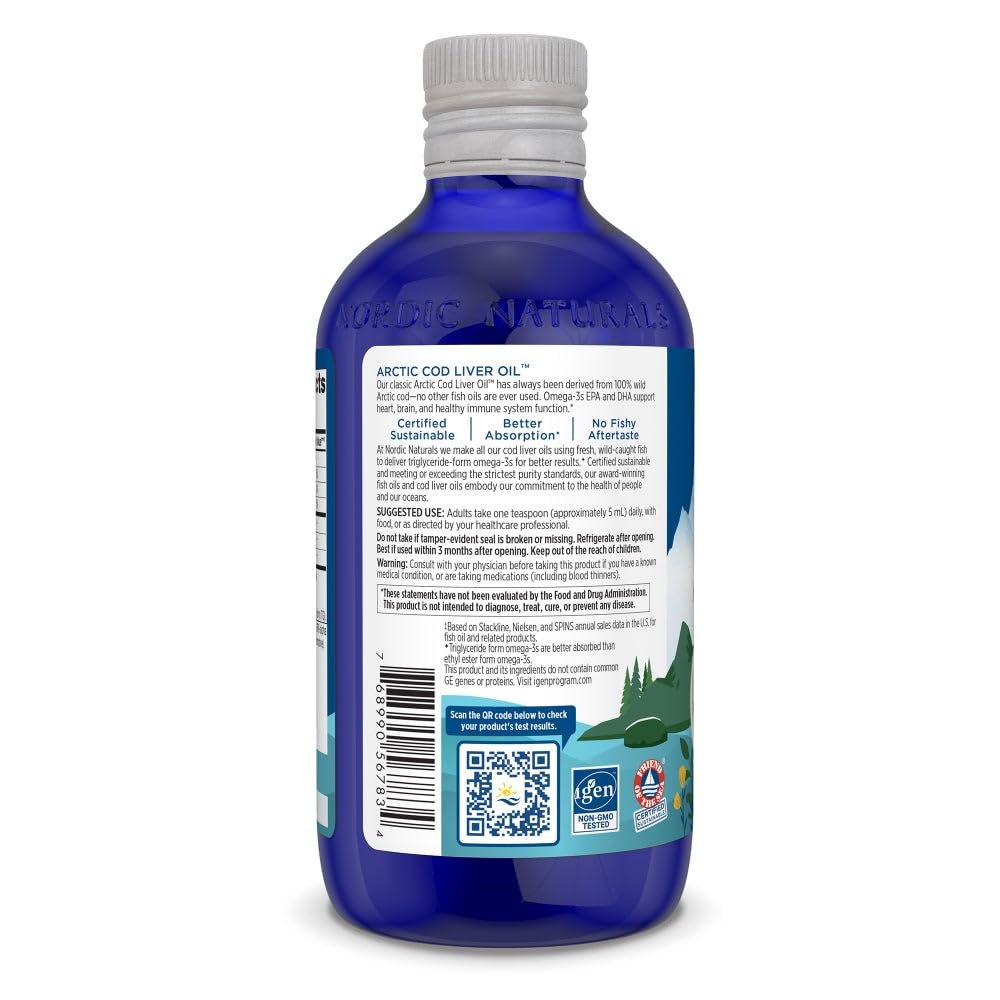 Product label for Nordic Naturals Arctic Cod Liver Oil Strawberry 8 oz