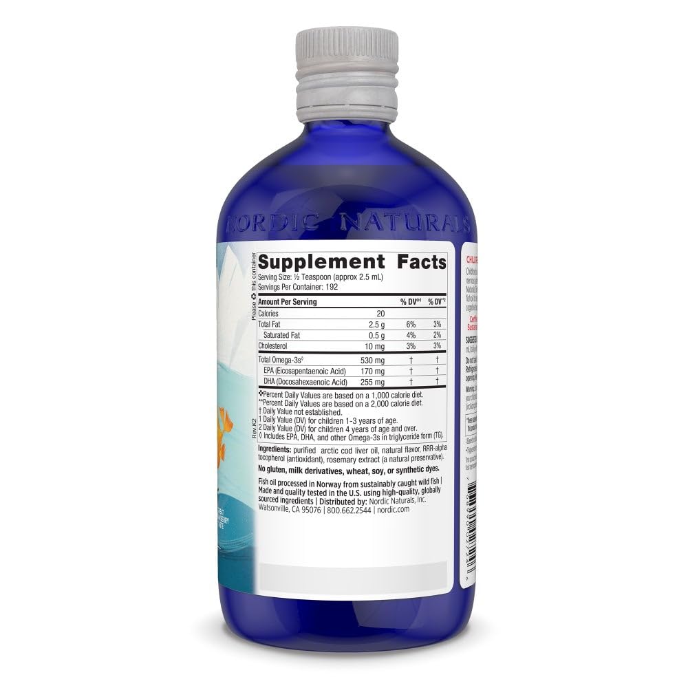 Nordic Naturals Children's DHA Strawberry bottle close-up shows label details, EPA and DHA information.
