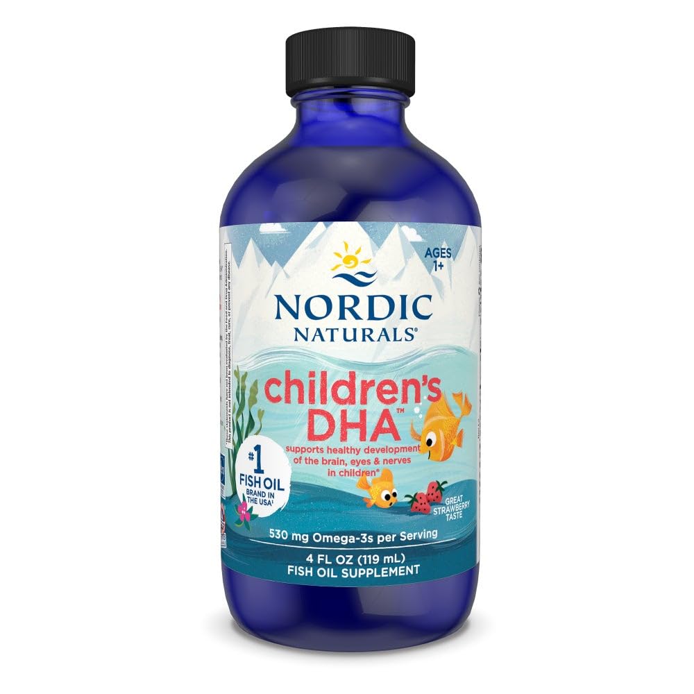 Nordic Naturals Children's DHA strawberry bottle highlights pure Arctic cod oil for daily omega-3 intake.