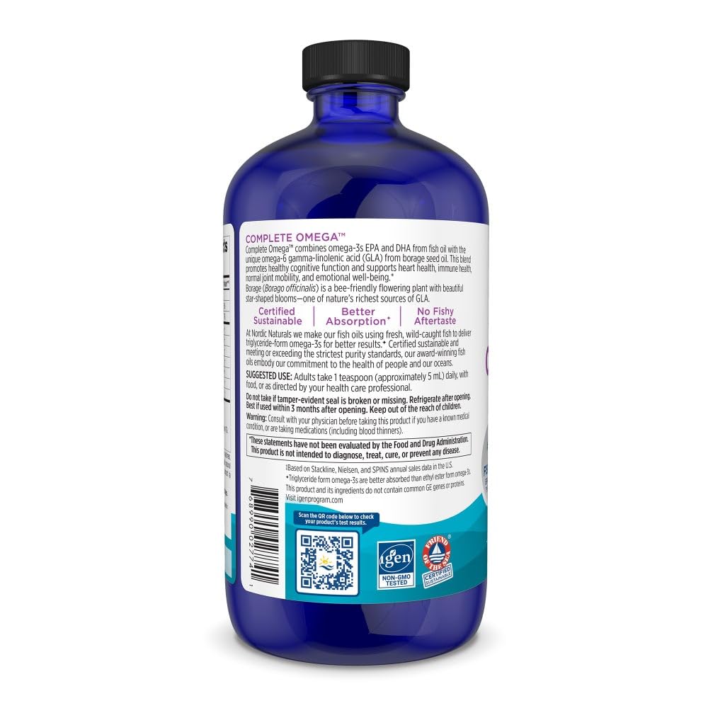 Nordic Naturals Complete Omega lemon flavor bottle on kitchen counter showing refreshing taste.