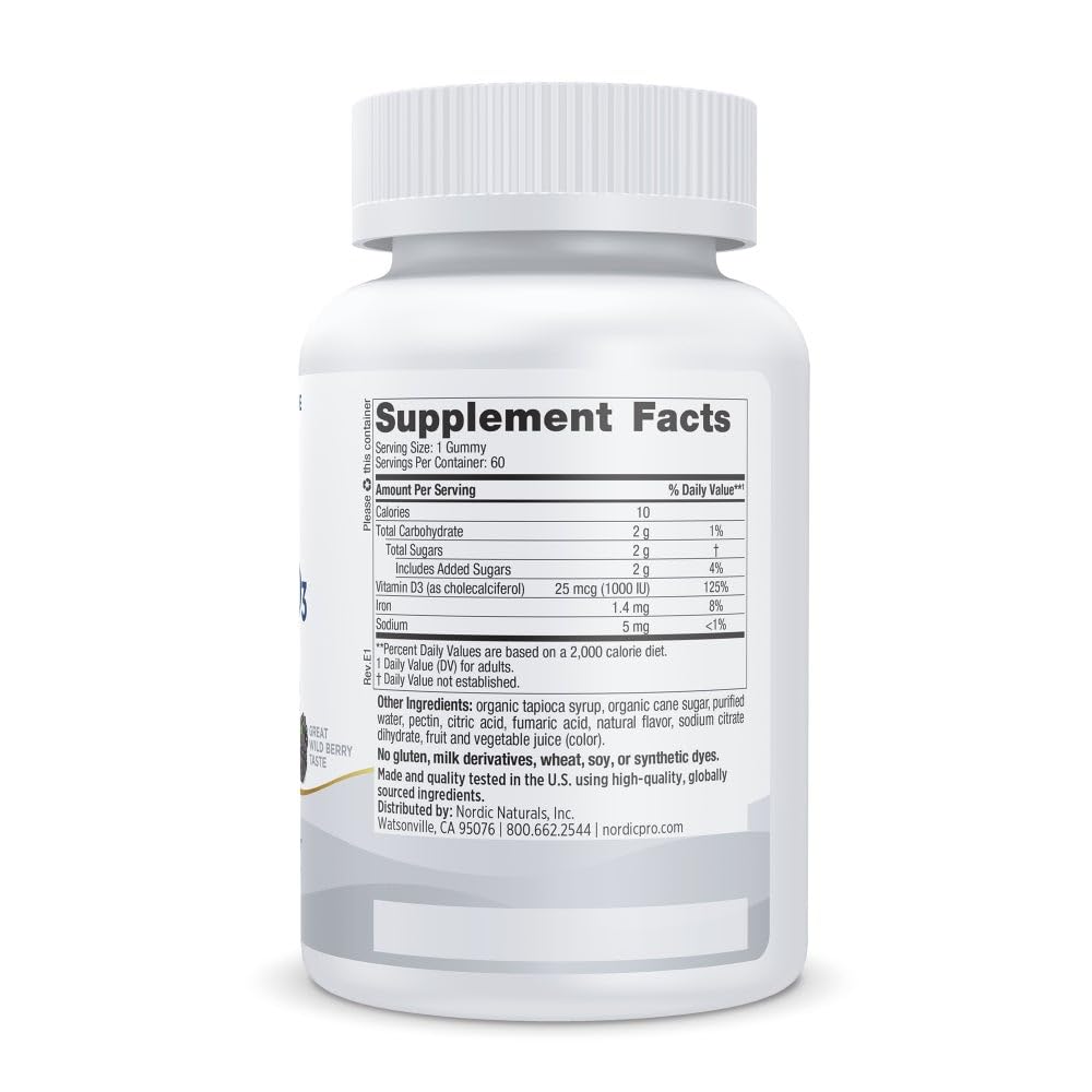 Front label of Nordic Naturals Vitamin D3 Gummies Wild Berry, 1000 IU per gummy