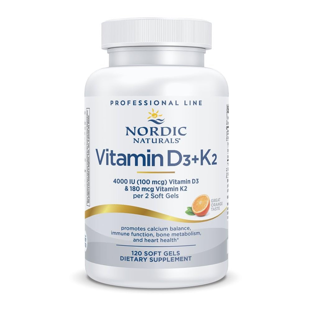 Bottle of Nordic Naturals Vitamin D3+K2 Orange flavor with 60 soft gels