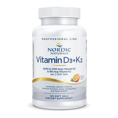 Bottle of Nordic Naturals Vitamin D3+K2 Orange flavor with 60 soft gels